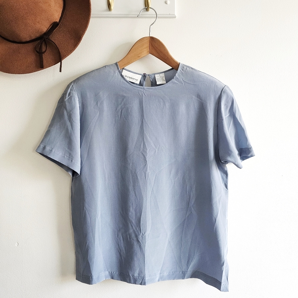 NWT Vintage Raw Silk 90's Liz Claiborne Blue Blouse Shoulder Pads Round Neck, 4